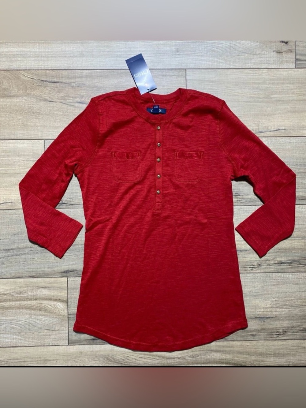 Chaps Womens 3/4 Sleeve Chest Pocket Henley Top Size Small Red
